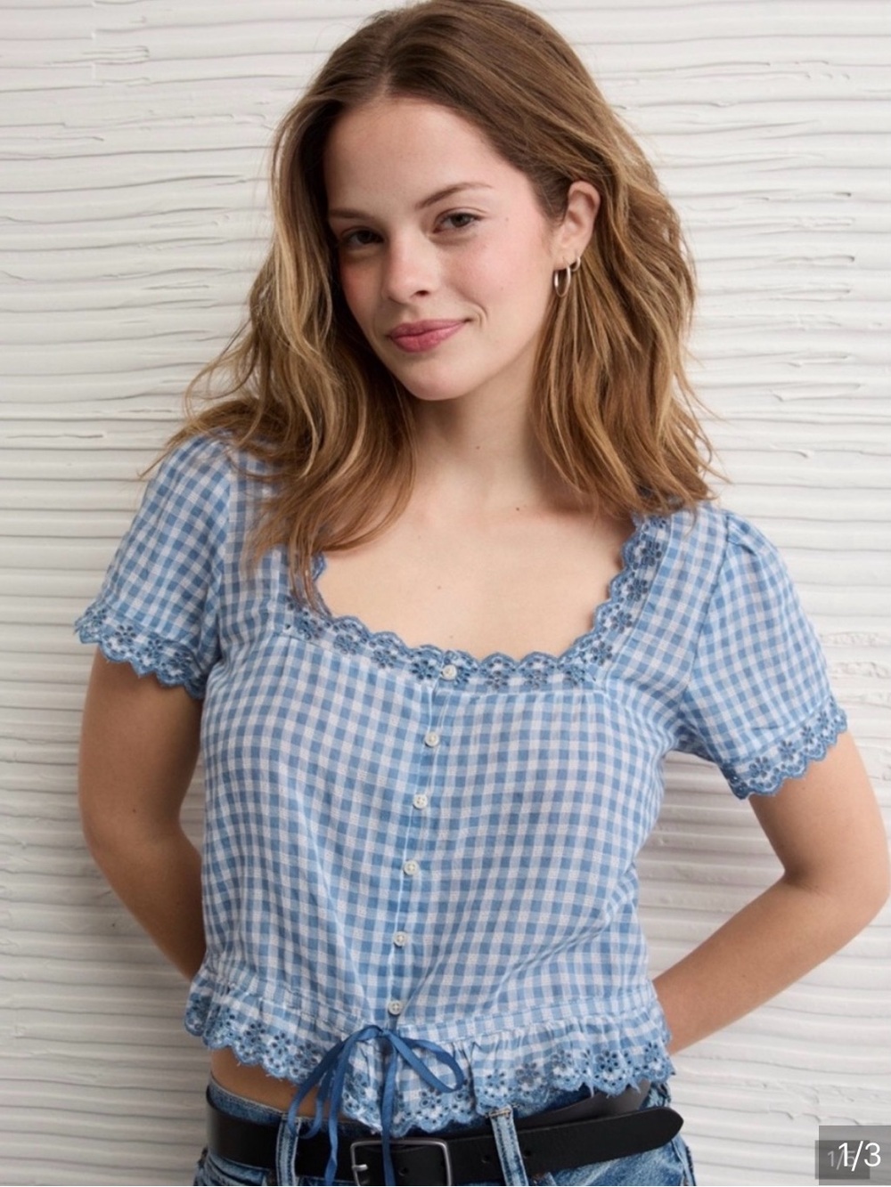 American Eagle Blue Gingham Lace-Trim Button Front Crop Top